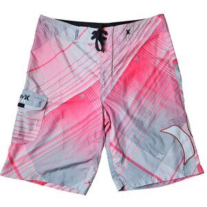 Hurley Mens Pink Gray Plaid Swim Swimsuit Boardshorts Sz 30 Cargo Pocket Trunks